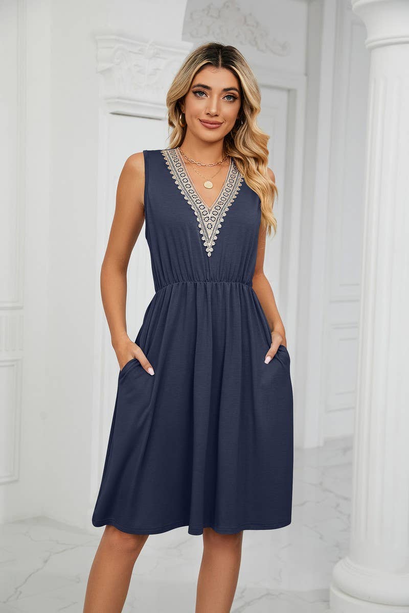 CWDSD3116_V-Neck Lace Trim Sleeveless Dress