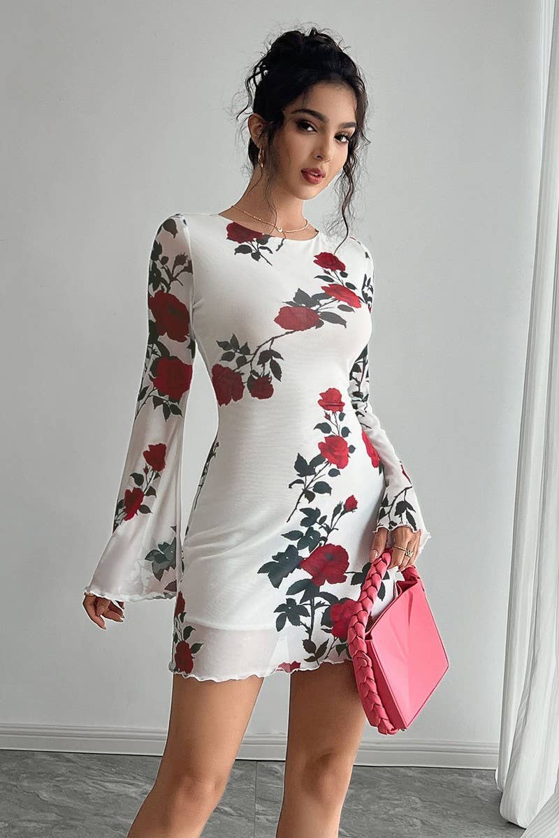CWDSD8287_FLORAL BACKLESS MESH BELL SLEEVE MINI DRESS