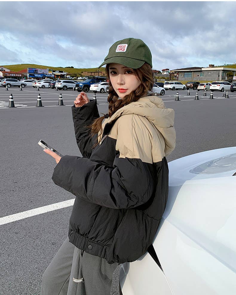 Short hooded,color-blocking,thick loose jacket