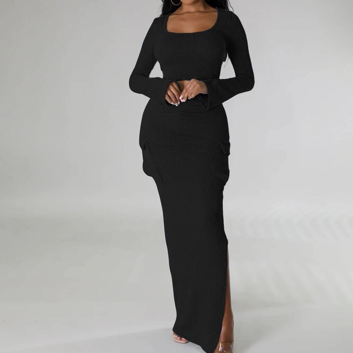 U-NECK TIGHT TOP LONG SKIRT TWO-PIECE SET