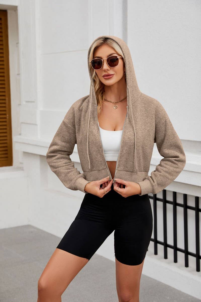 CWOCO0891_SHORT ZIPPER HOODED DRAWSTRING SWEATSHIRT