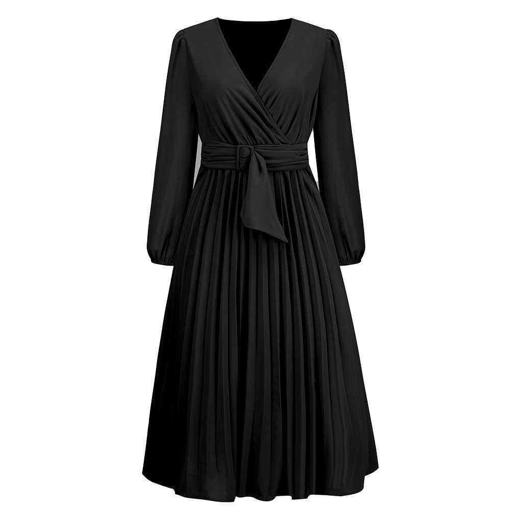 LONG SLEEVE PLEATED BELT SOLID COLOR V-NECK DRESS