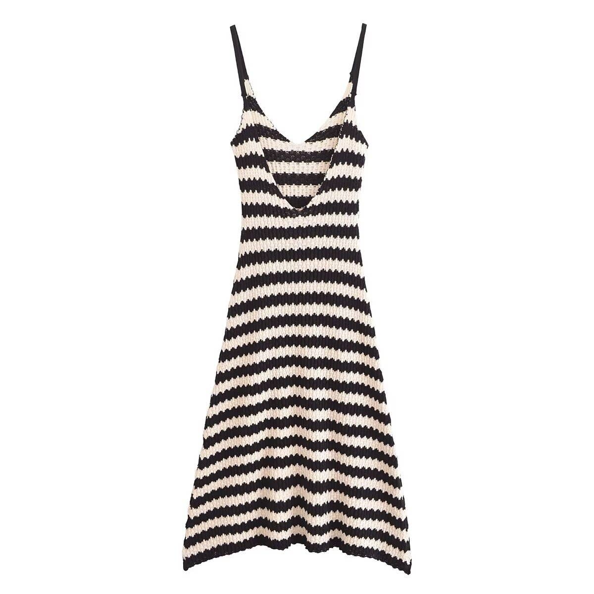 STRIPED PULLOVER V-NECK KNITTED HALTER DRESS