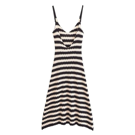 STRIPED PULLOVER V-NECK KNITTED HALTER DRESS