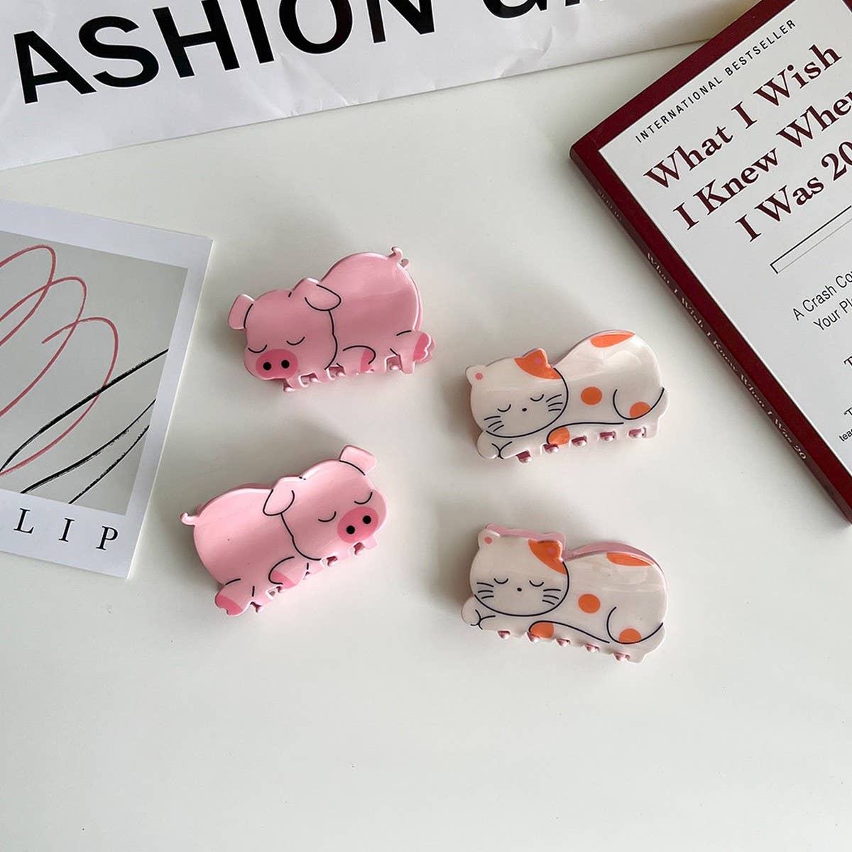Pink Pig & Cat Acetate Hair Claw Clip for Girls_CWAHA5974