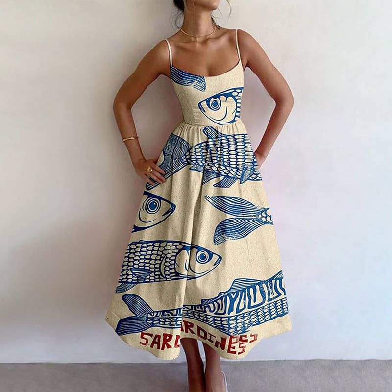Fashion printed cinched waist,large halter dress