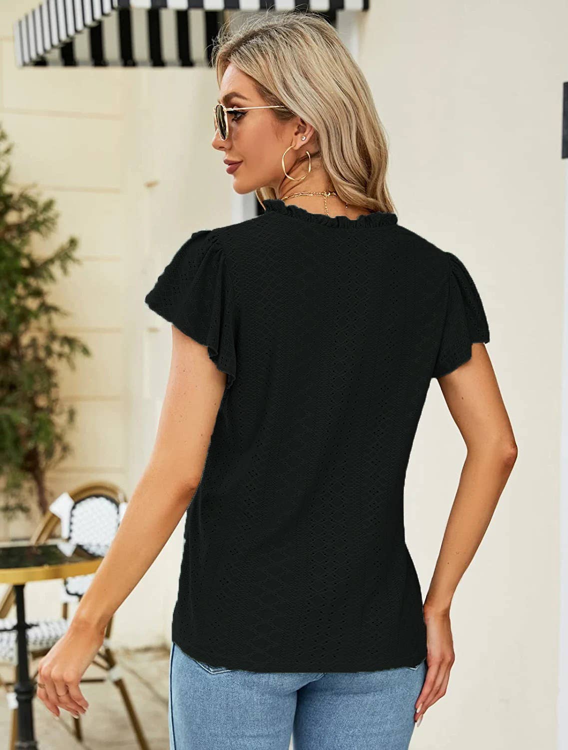 JACQUARD V-NECK STACK SLEEVE T-SHIRT TOP