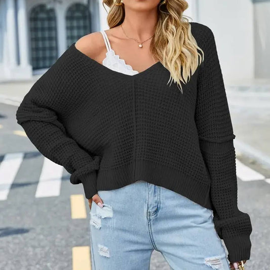 V NECK SOLID OFF SHOULDER KNIT PULLOVER_CWOSWL2047