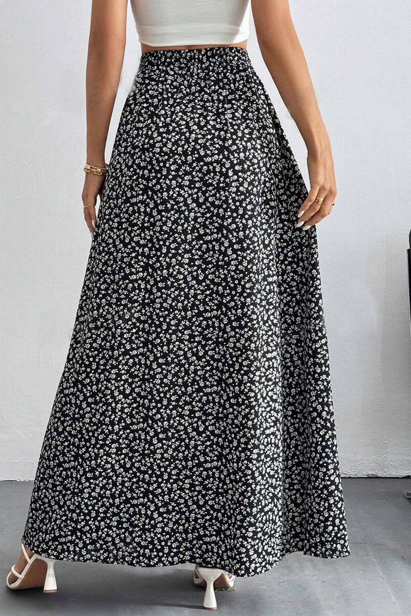 Floral printed high slit long skirt