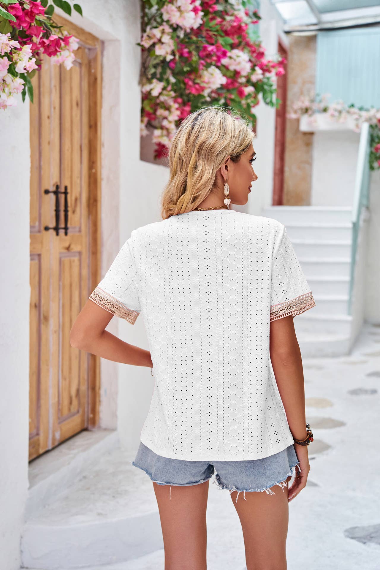 V-neck lace patchwork solid short sleeve top