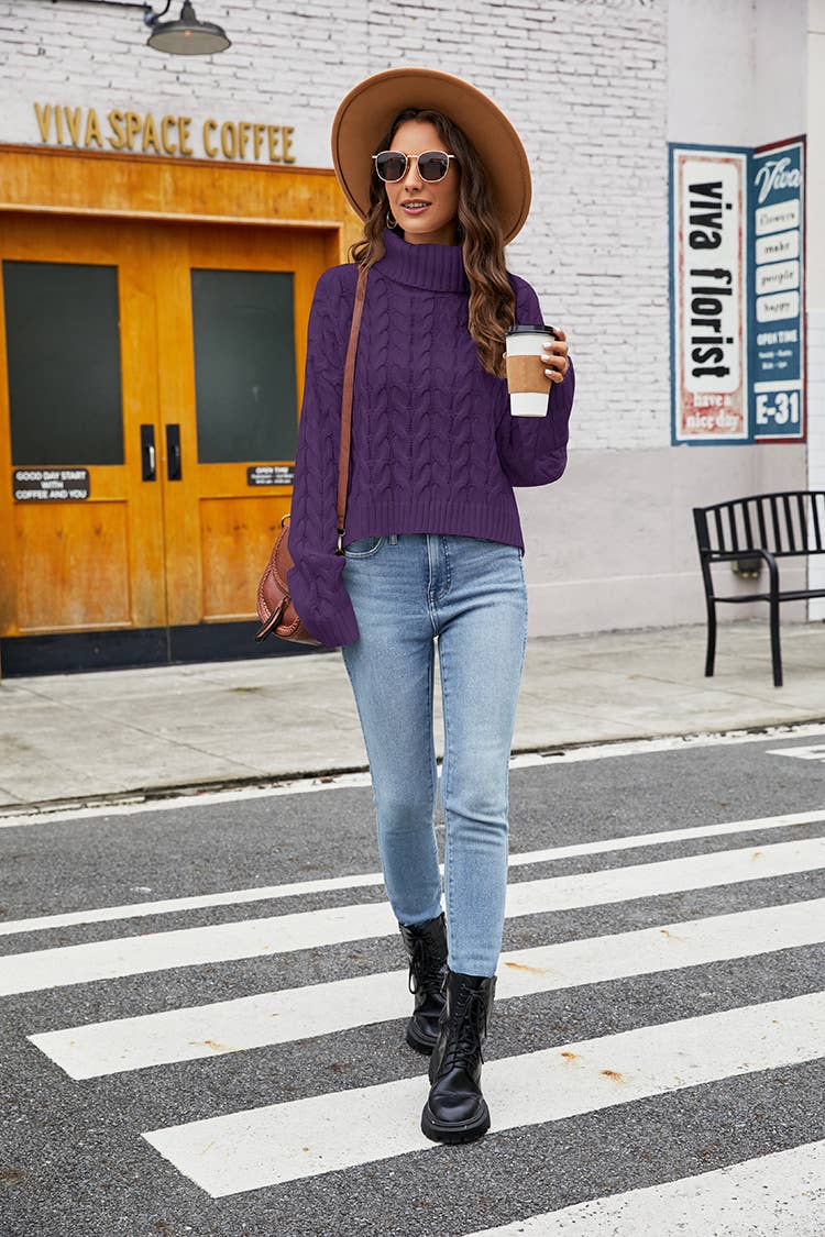 TURTLENECK FLORAL PULLOVER SOLID COLOR SWEATER