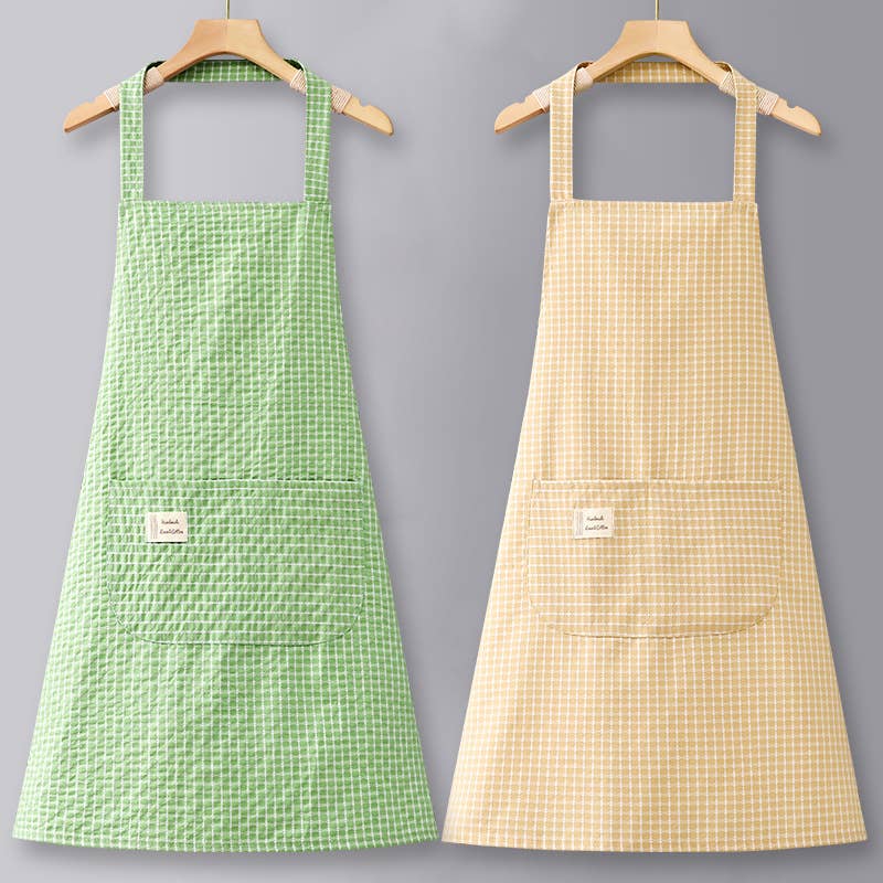 Cotton Striped Grid Kitchen Apron with Pocket
