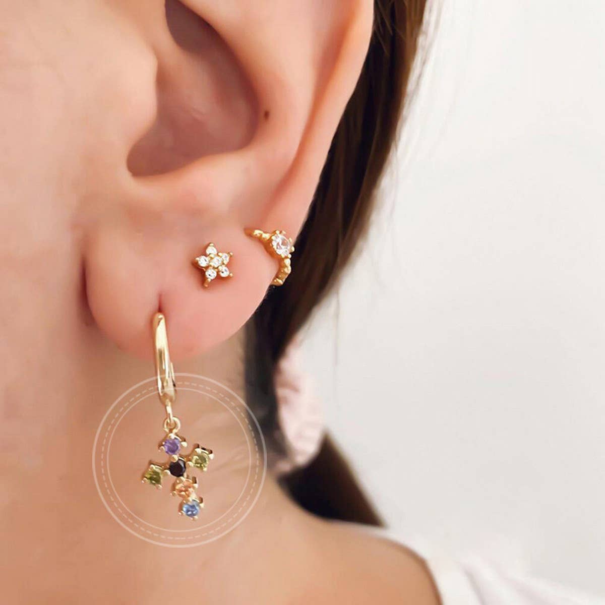 COLORFUL FRENCH CROSS DIAMOND EARRINGS