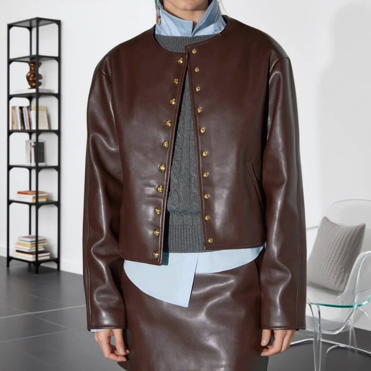 Golden Single-Breasted Short Leather Jacket