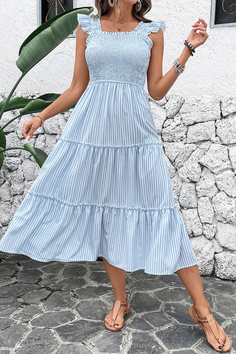 CWDMD5322_BACKLESS STRIPED RUFFLE HEM VACATION SUNDRESS