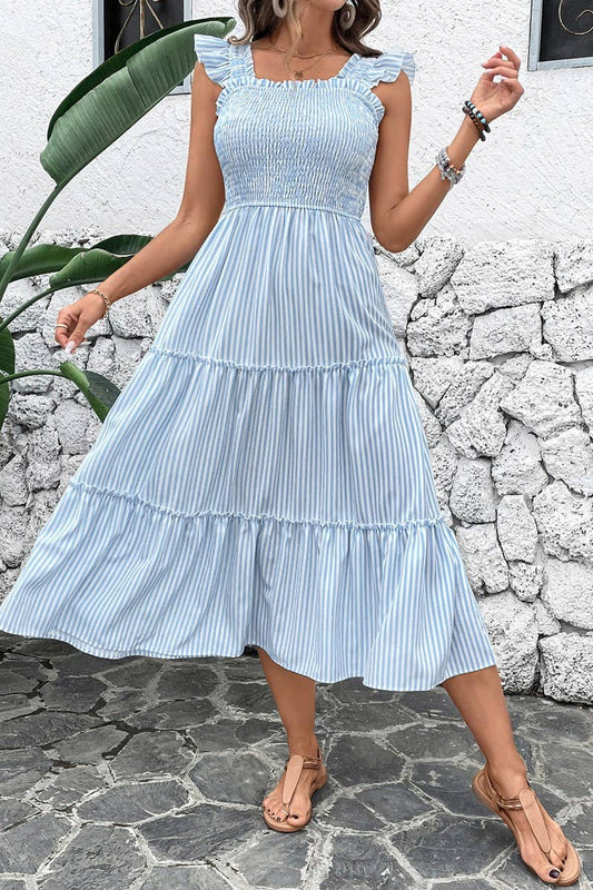 CWDMD5322_BACKLESS STRIPED RUFFLE HEM VACATION SUNDRESS