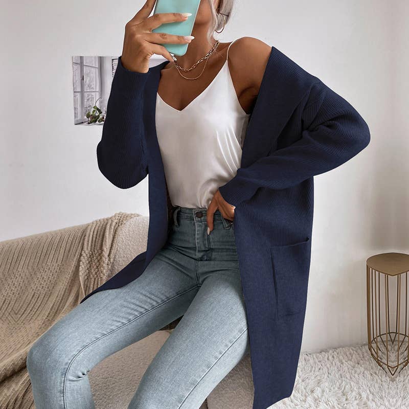 Solid color pit strip hooded unbuttoned cardigan