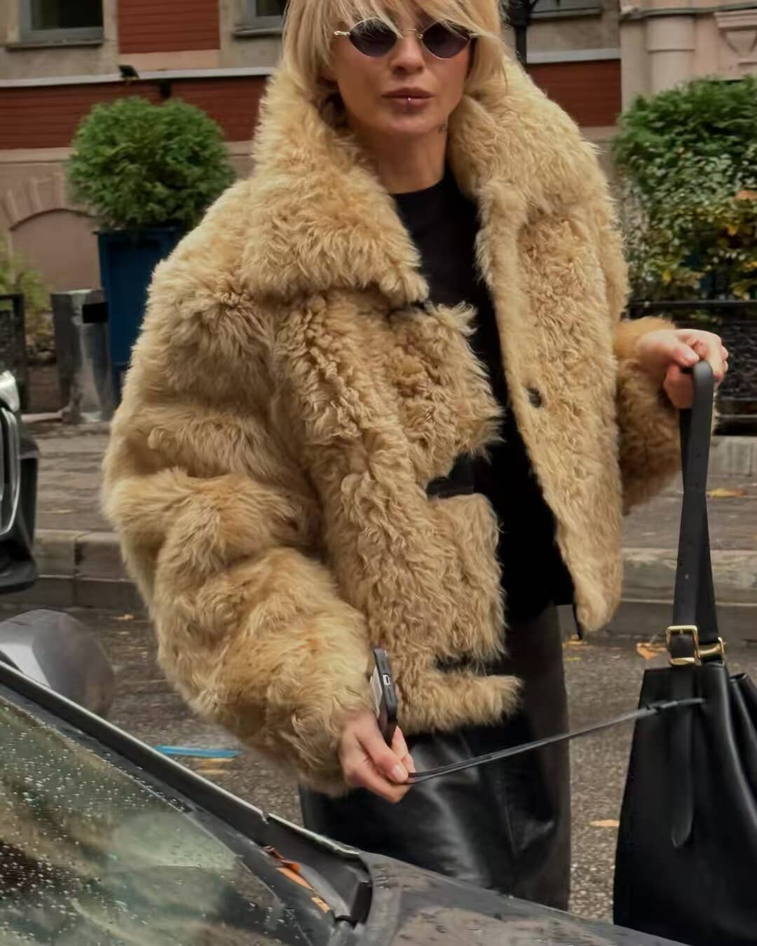 Lapel long-sleeved single-breasted faux fur coat