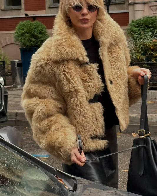 Lapel long-sleeved single-breasted faux fur coat