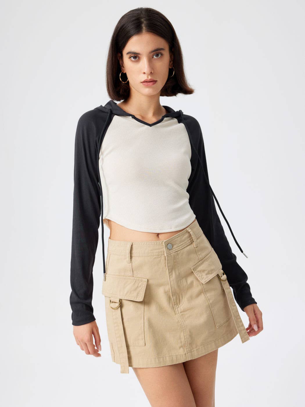 HOODED PATCHWORK COLOR IRREGULAR SLIM-FIT T-SHIRT