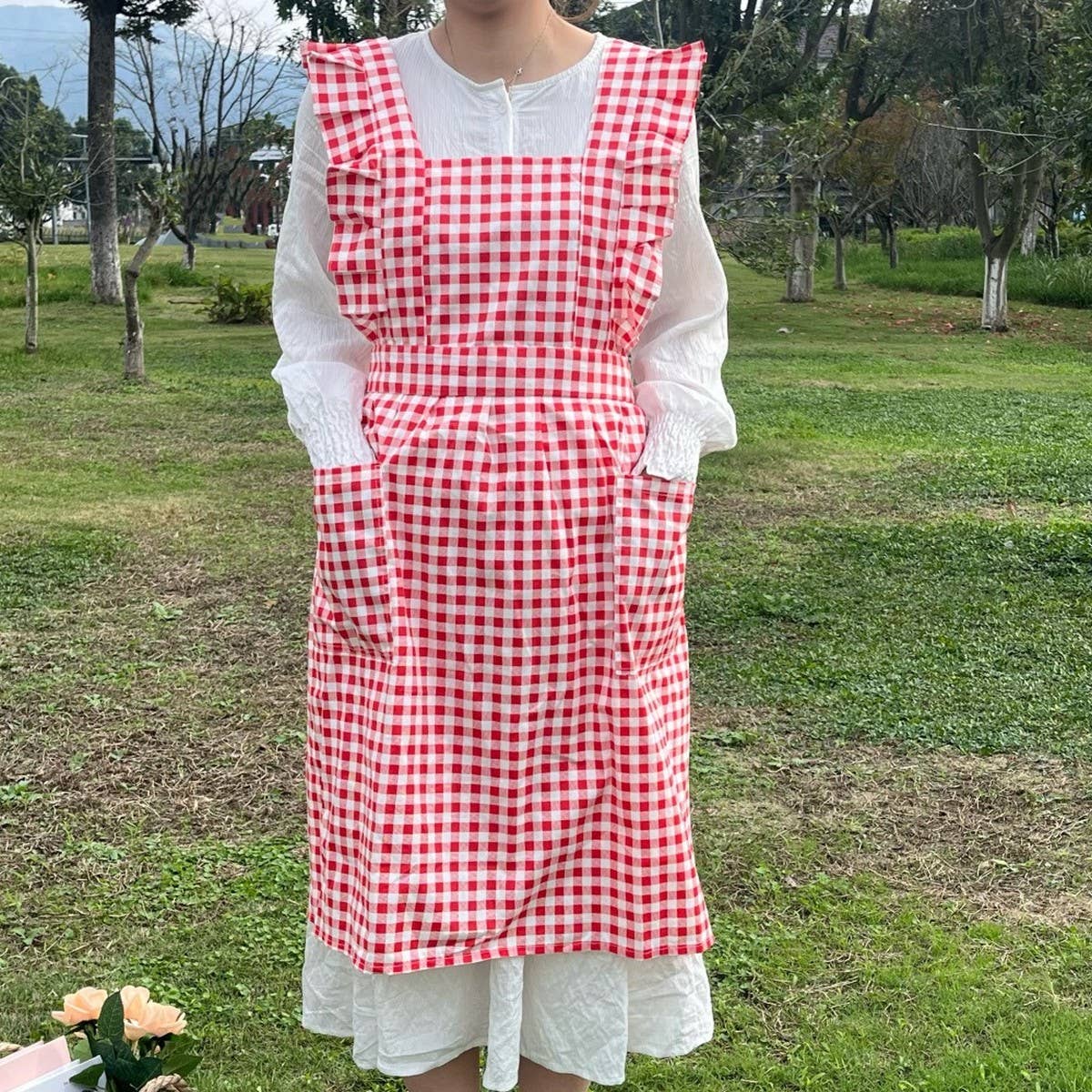 PLAID RUFFLE APRON CAFE GARDENING SMOCK APRON_CWMM5823