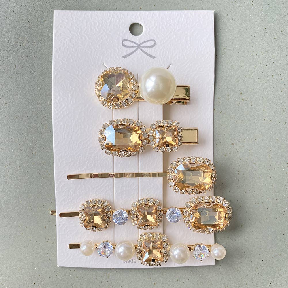 Vintage crystal glass side clip hairpin five-piece set