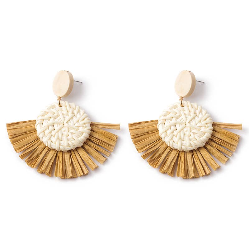 Hand-woven geometric rattan raffia earrings