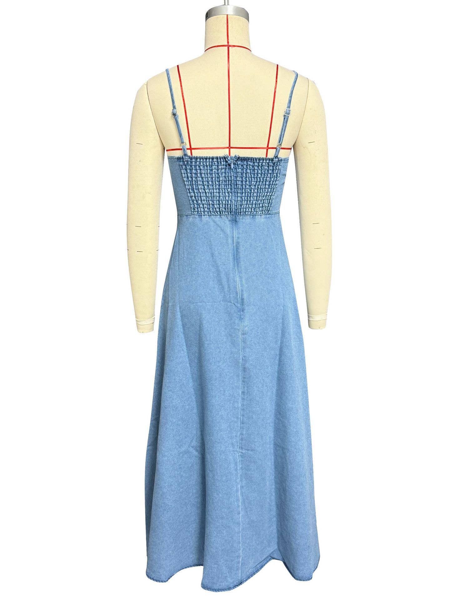 V-neck halter strap elastic denim long dress