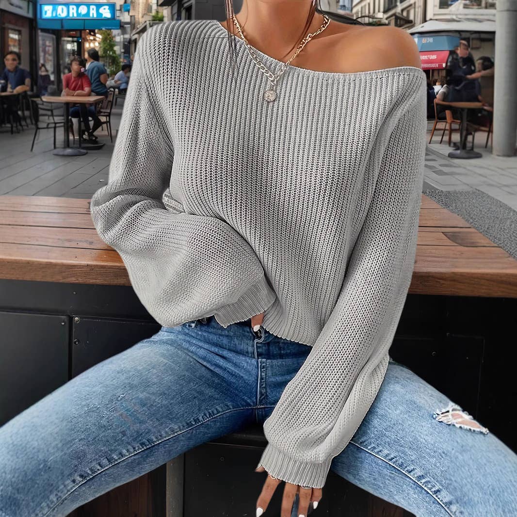 Solid-color loose pullover one-shoulder sweater