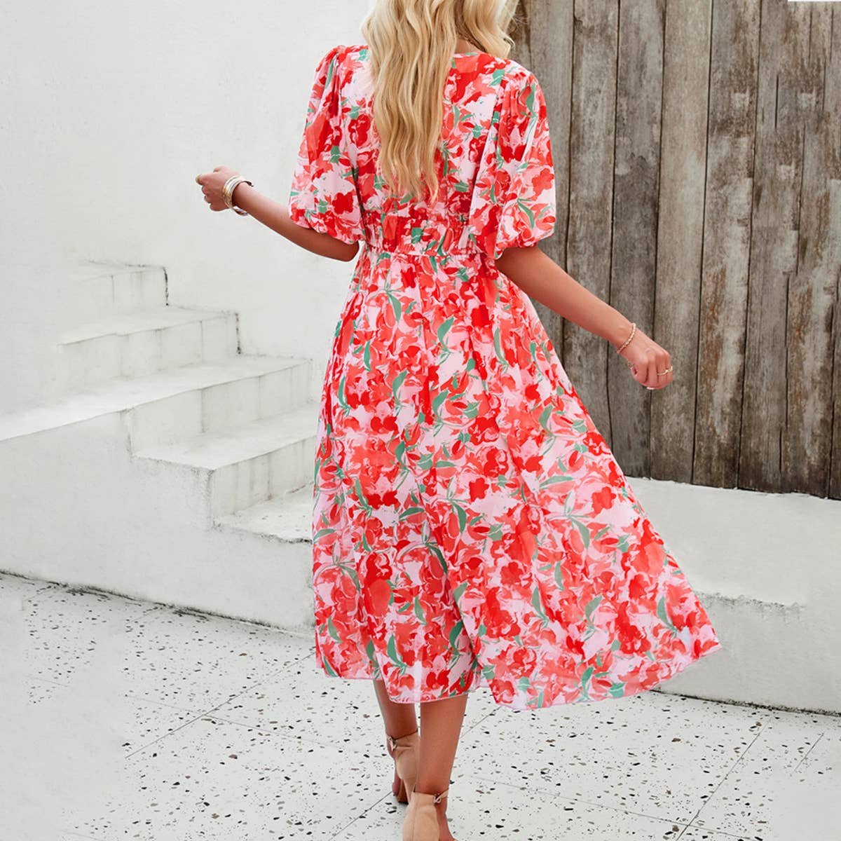 Waist collection printed V-neck dress_CWDMD1502