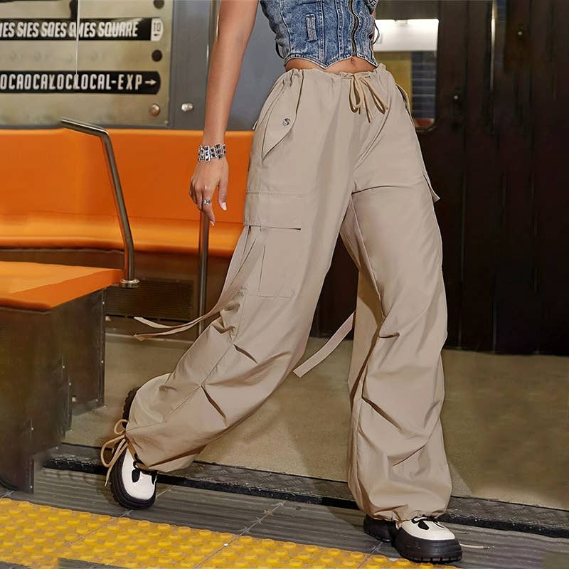 Low-rise drawstring streamers cargo pants