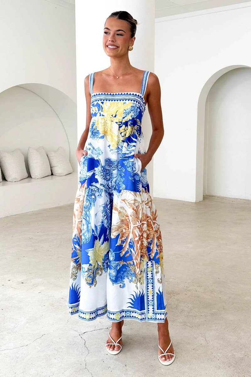 CWDHL1018_SUMMER SLIT TEMPERAMENT BIG SWING SUSPENDER DRESS