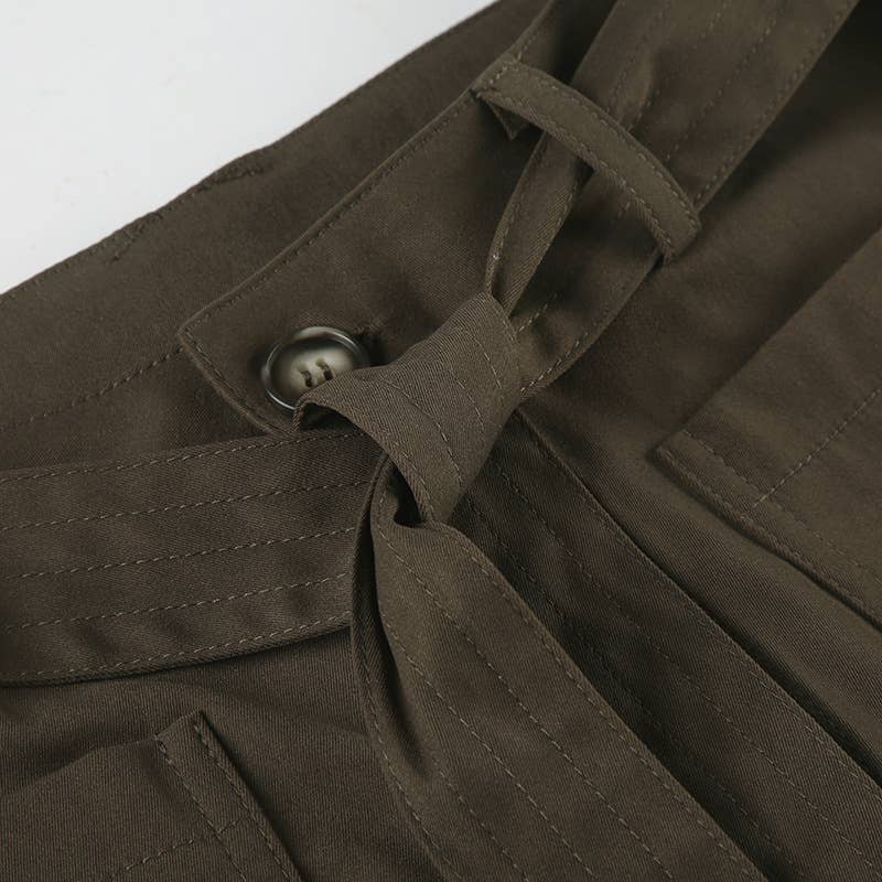 STREET STYLE SOLID COLOR BELT LACE-UP BASIC PANTS