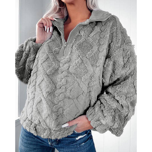 SOLID COLOR HALF ZIP COLLAR LOOSE PLUSH HOODIE