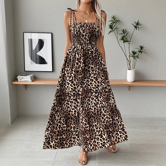 Leopard print halter backless vacation dress