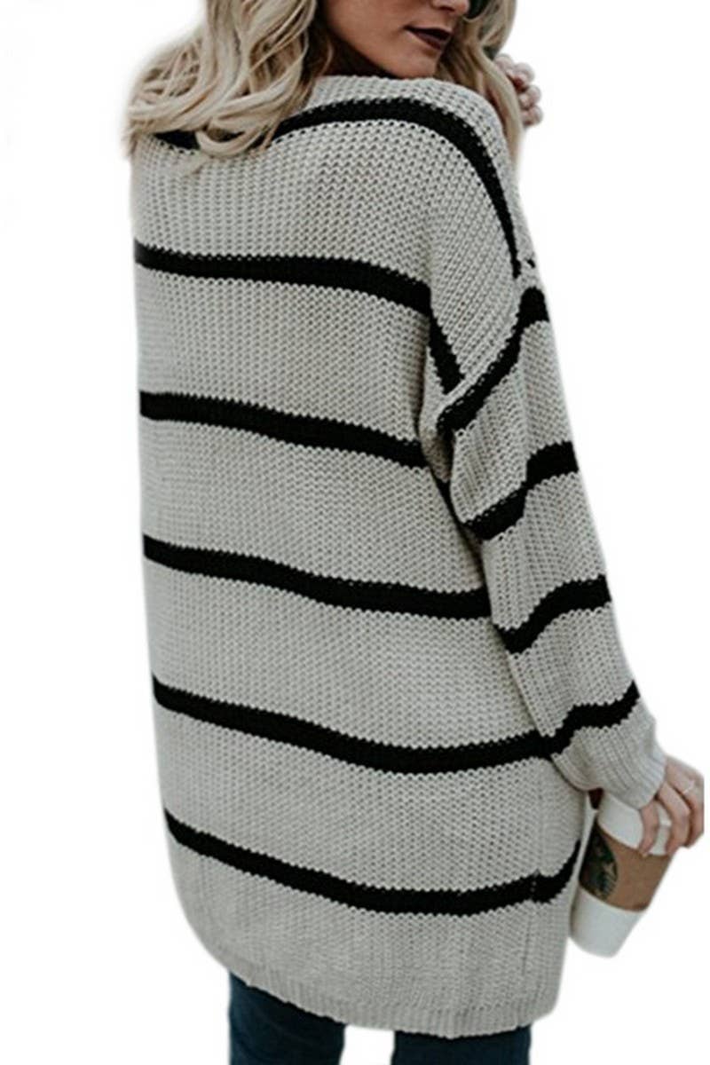 Striped women's loose long unbuttoned knit cardigan