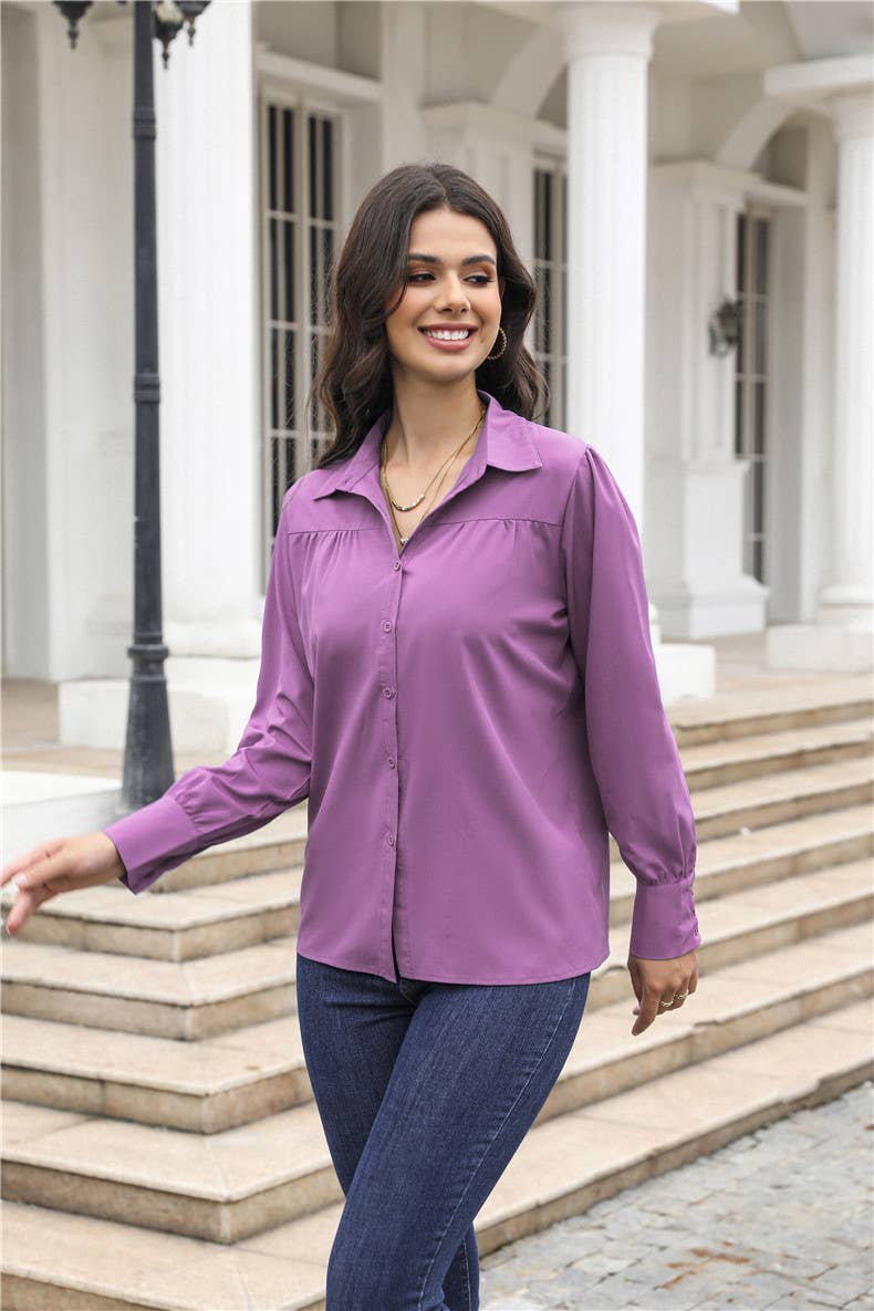 Lantern-sleeve pleated stand collar loose shirt