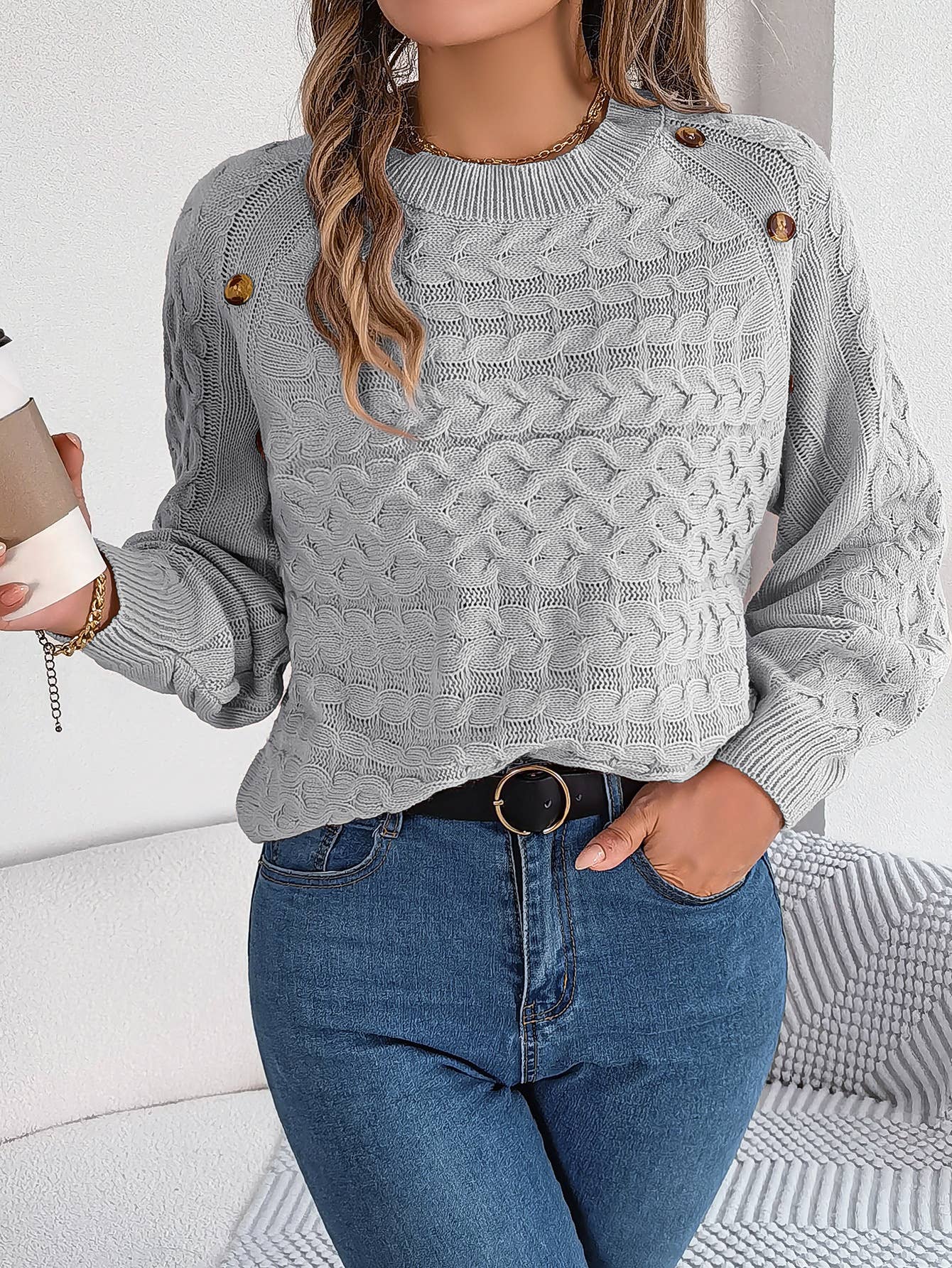 TWIST BUTTON LANTERN SLEEVE PULLOVER SWEATER