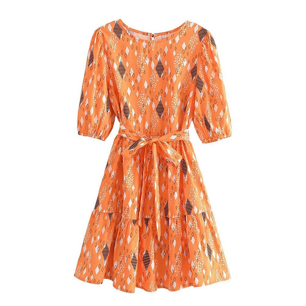 PRINTED CREW NECK FROCK WITH PUFFY SLEEVES