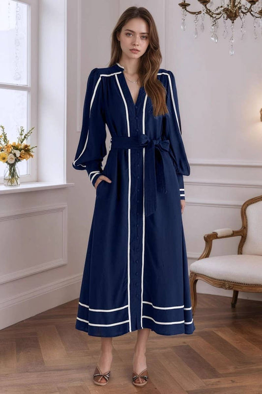 CWDMD6377_VINTAGE STRIPED V-NECK TIE WAIST MAXI DRESS