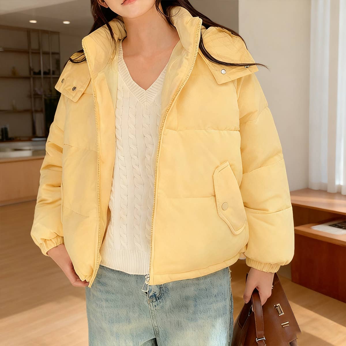 Hooded feels corduroy texture cotton-padded coat