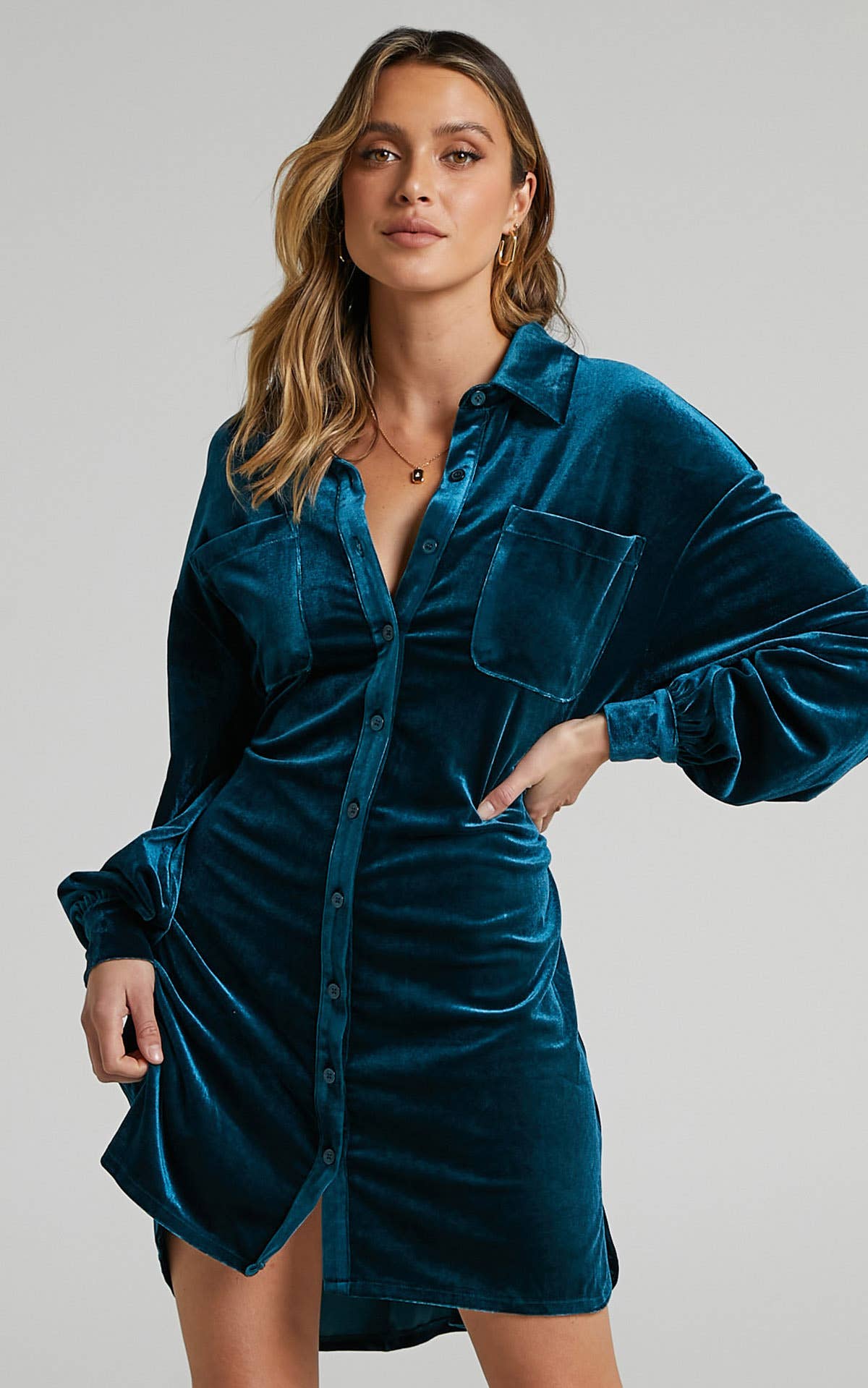 LONG SHIRT DRESS WITH LANTERN SLEEVES IN CANARY