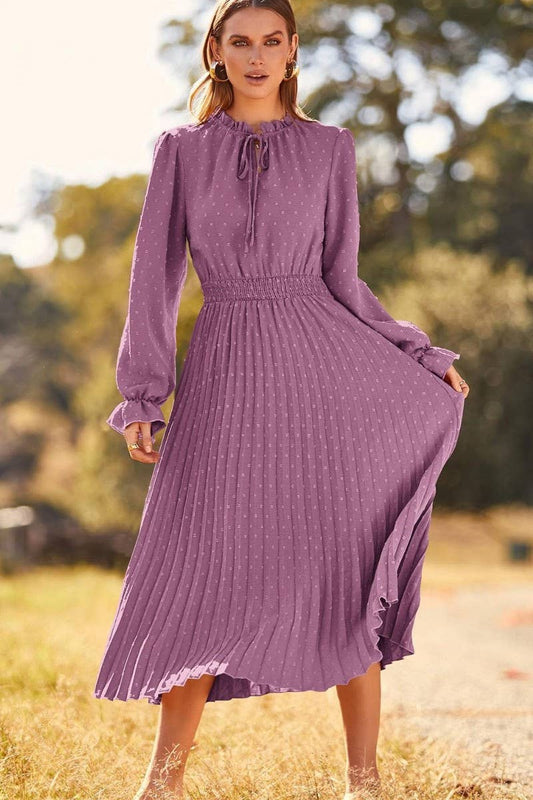 CWDMD4715_V-NECK POLKA DOT PLEATED FLOWY MAXI DRESS