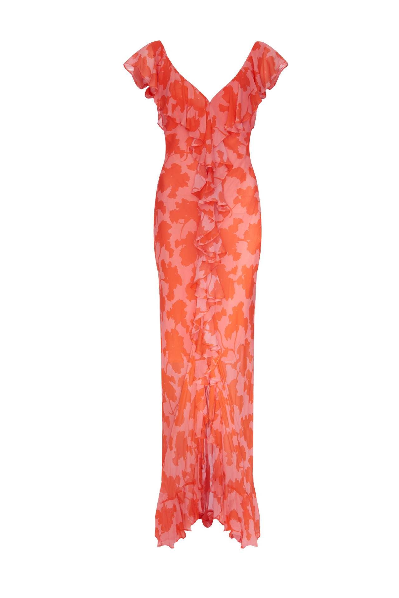 V-NECK SLIT FLESH-THROUGH FLANGED CHIFFON SKIRT