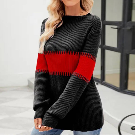COLOR CONTRAST PATCHWORK HALF-TURTLENECK SWEATER_cwoswl3258