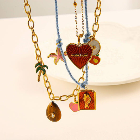 Colorful Cord Necklace with 18K Fish & Heart