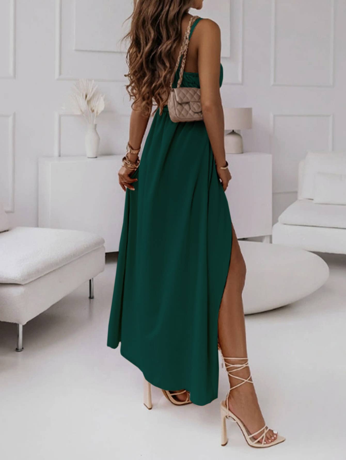 Long halter dress with solid color strap waist