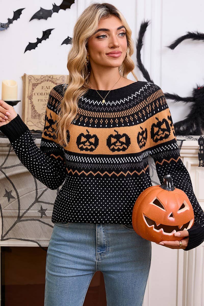 CWOSWL07354_HALLOWEEN PUMPKIN EMBROIDERED POLKA DOT SWEATER