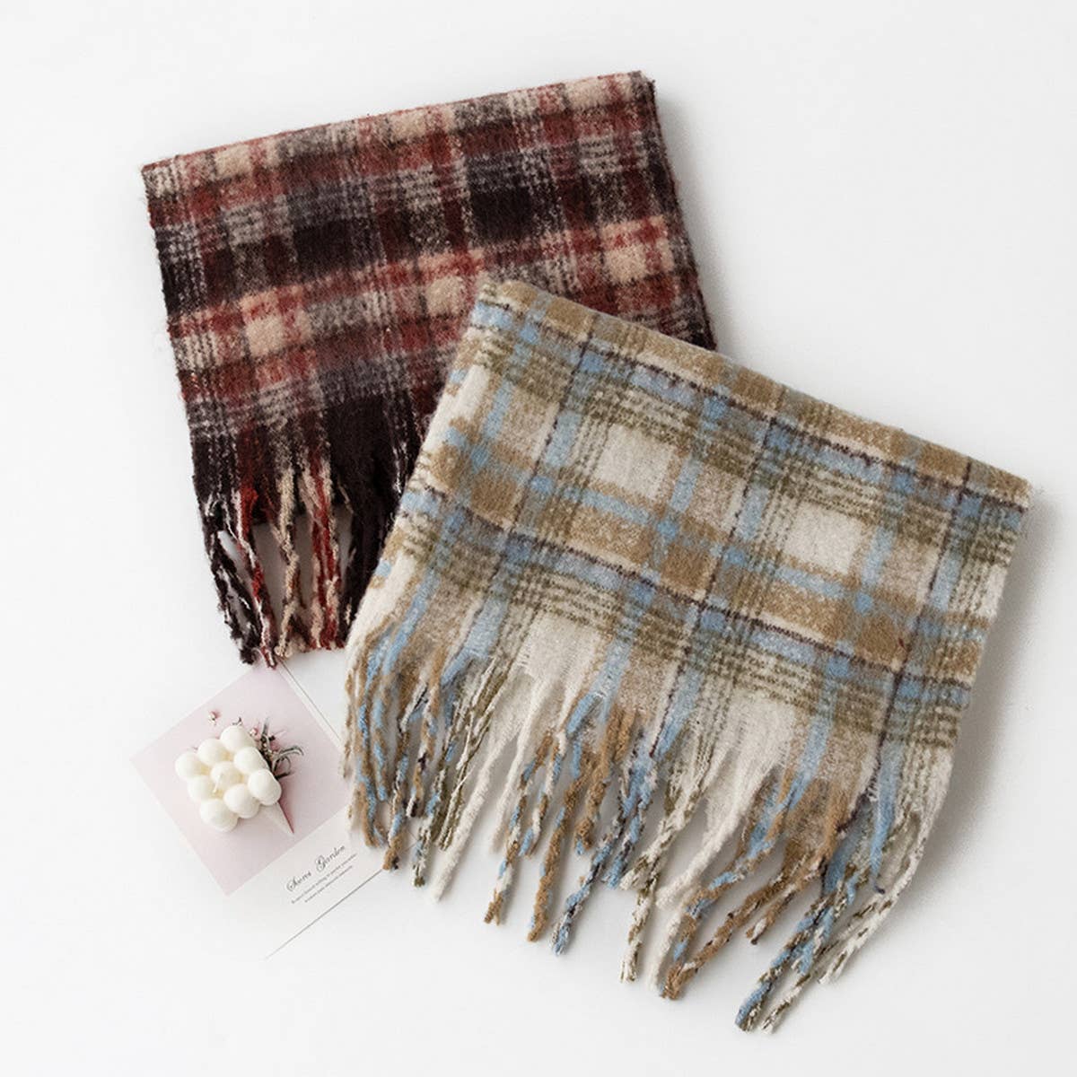 Fuzzy Plaid Scarf - Soft Tassel Wrap for Women