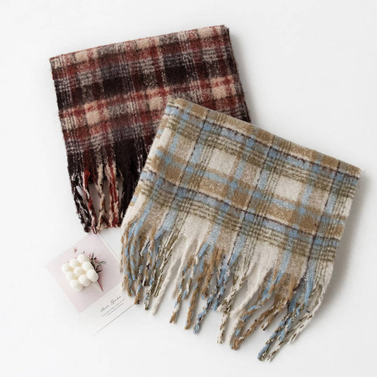 Fuzzy Plaid Scarf - Soft Tassel Wrap for Women